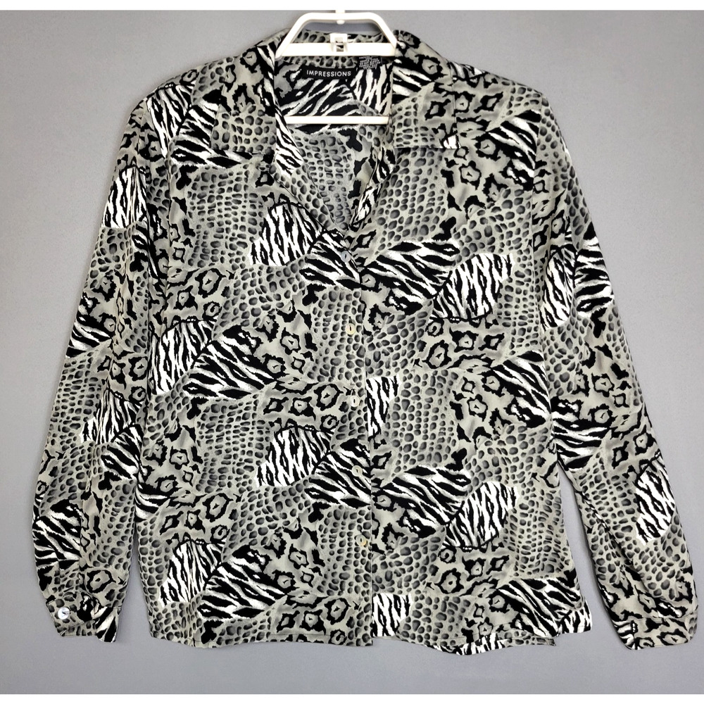 Vintageโ 80's Impressions Button Front Top Womens M Black Gray White Zebra Print